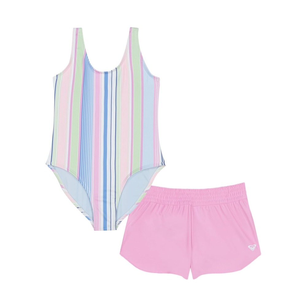 NWT Roxy Girls One Piece Swimsuit Set Lilac Salty Stripe UPF 50 Size 8